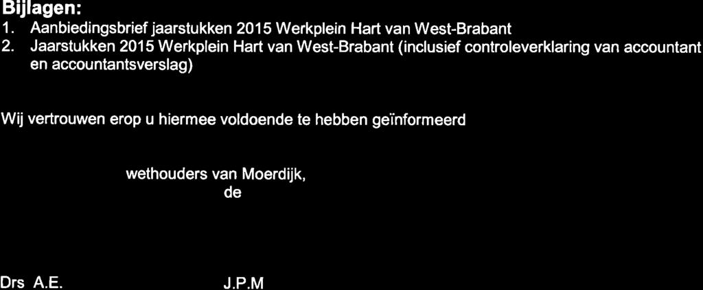 Bijlagen: 1. Aanbiedingsbrief jaarstukken 2015 Werkplein Hart van West-Brabant 2.