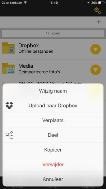 Opties van bestanden Klik op de gele knop naast een bestand om de opties van dat bestand weer te geven. Wijzig naam Klik op Wijzig naam om de naam van het bestand te wijzigen.