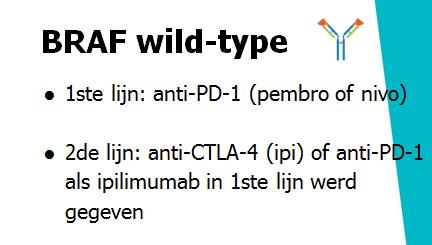 Targeted therapy: BRAF + MEK inhibitor bij BRAF mutant (50%) melanoom: - BRAF-inhibitor: vemurafenib (Zelboraf ) of dabrafenib (Tafinlar ) in combinatie met MEK-inhibitor (medical need programma