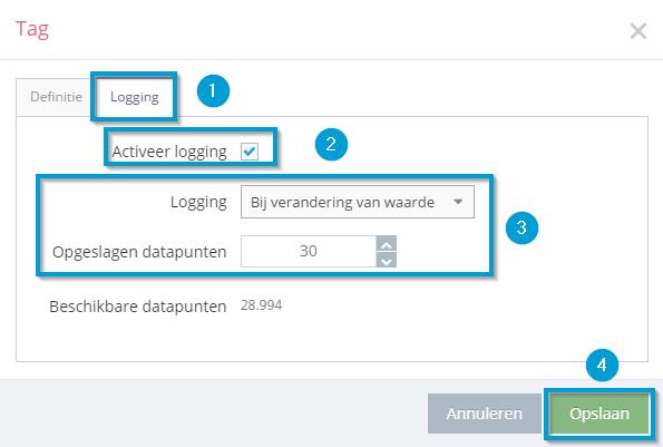 Open nu tabblad Logging (1) en selecteer Activeer logging