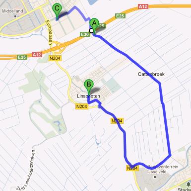 Etappe 1 Avontoer Groene Hart (complete kaart staat op de laatste pagina + op de weblog) Ga vanaf de loods rechtsaf, door Linschoten (let op! 30 zone) aan het einde bij de rotonde weer links,n204.