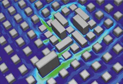 CFD Computational Fluid Dynamics Windsimulatie met CFD van een dicht stedelijk gebied, posities met windhinder en windgevaar zijn inzichtelijk te maken de probleemgebieden rond gebouwen opgespoord en