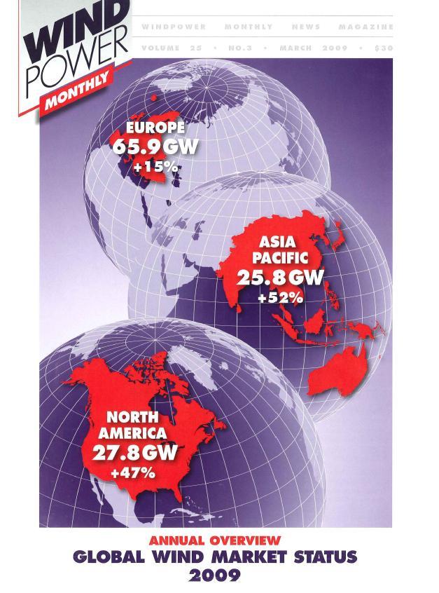 Wind Werkt nu Geïnstalleerd Vermogen begin 2009: Europa 66 GW Asia