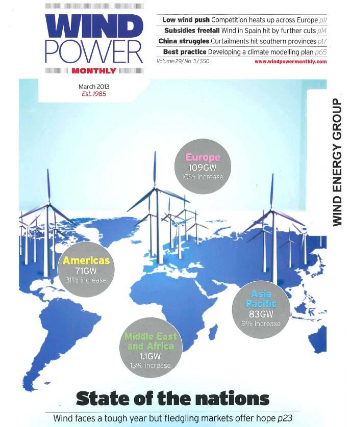 Wind Werkt nu Geïnstalleerd Vermogen begin 2013: Europa 109 GW Asia Pacific 83 GW N+Z Amerika 71 GW Rest vd