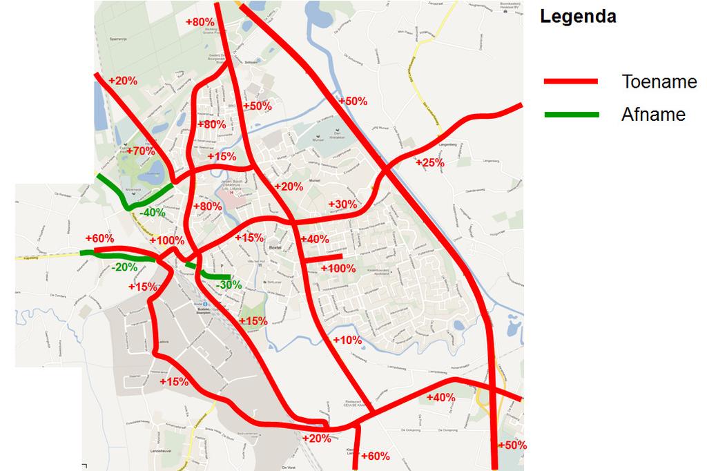 Zo neemt de intensiteit op de Kapelweg ter hoogte van Kalksheuvel met circa 20% af als gevolg van het instellen van 30 km/h.