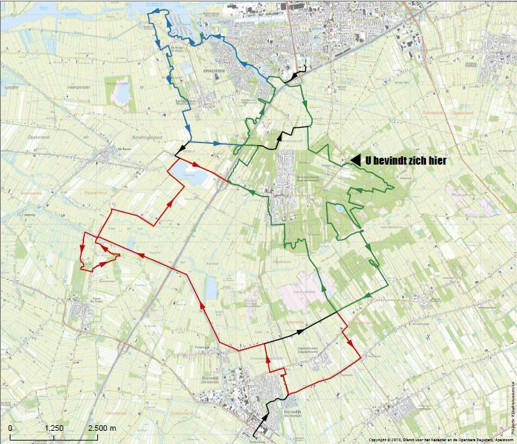 2. De Mountainikeroute In onderstaande vindt u de afbeelding van de Mountainbike route Drachten Beetsterzwaag e.o. De route bestaat uit een centrale route (groene), twee aanvullende routes (rood-blauw) en diverse verbindingsroutes (zwart).