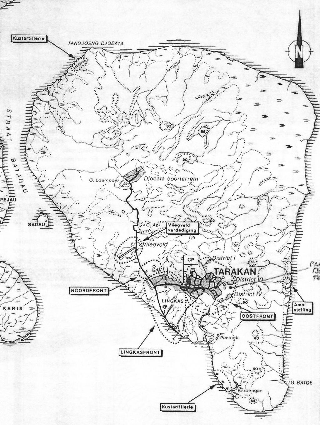 h i sto r i e - t r a d i t i e Geplande troepenverdeling voor de verdediging: Lingkasfront: drie secties (= een compagnie) + 80 man van de Marine Vliegveld, Noordfront en Djoeata: elk één sectie (=