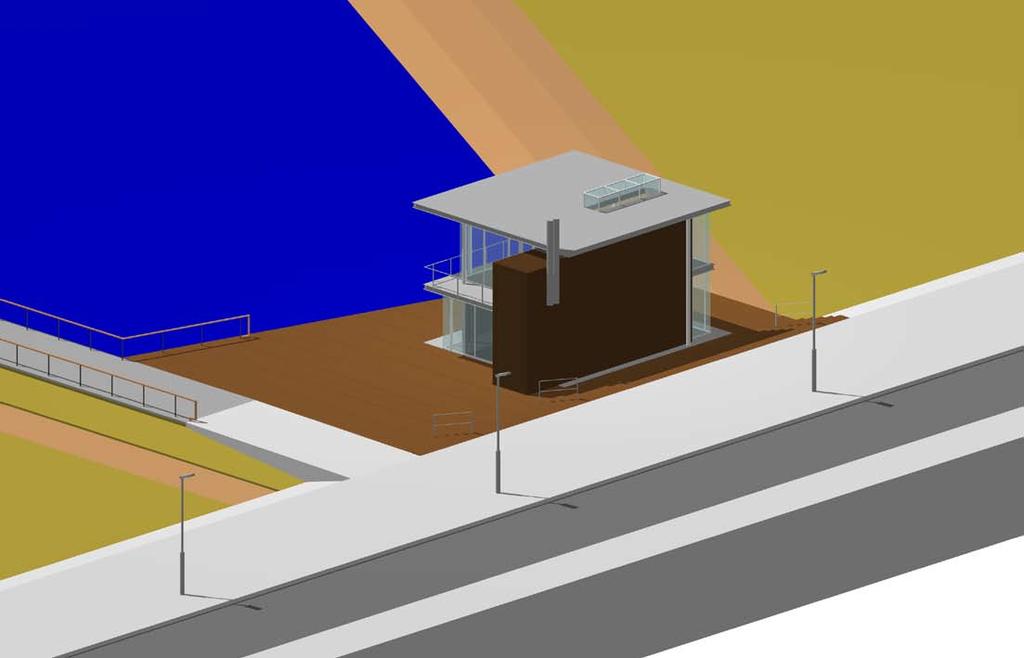 Stedenbouwkundige randvoorwaarden Paviljoen De directe stedenbouwkundige omgeving van het paviljoen wordt gekarakteriseerd door het grote houten vlonder dat de waterpartij omlijst, de weg, het