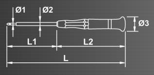 3" 95 170 21 24E55451 1/8" 1,2 3 3" 95 170 21 24E55452 5/32" 1,2 4 3" 95 170 21 Ega Master precisie schroevendraaiers voor elektriciens Type MICROTRONIC, zaagsnede MM 1000V Ergonomische handvaten.