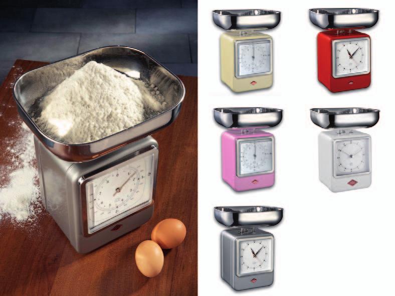 Weegschalen Weegschalen WEEGSCHALEN RETRO KEUKENWEEGSCHALEN MET INGEBOUWD UURWERK Retro keukenweegschaal met uurwerk - draagkracht: 4 kg - met inox schaal (geschikt voor afwasmachine) - klok werkt