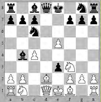 Een partij uit de externe Ronde 6 01 April 2012. Wit: Joop Dekens (1551) Zwart: Bert Corneth (1770) 1.d4, d5 2.c4, Pc6 3.e3, e5 4.dxe5, d4 5.Pf3, Deze zet wordt in de boeken altijd met!