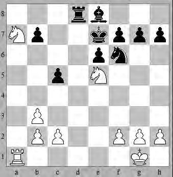 Een partij uit de interne 13 01 2012. Wit: Christiaan Jeurissen Zwart: Willy Rekers 1.e4, e6 2.Pf3, c5 3.Pc3, Pc6 4.Lc4, Pa5 5.Lb3, Pxb3 6.axb3, d6 7.d4, Pf6 8.dxc5, dxc5 9.Dxd8+, Kxd8 10.