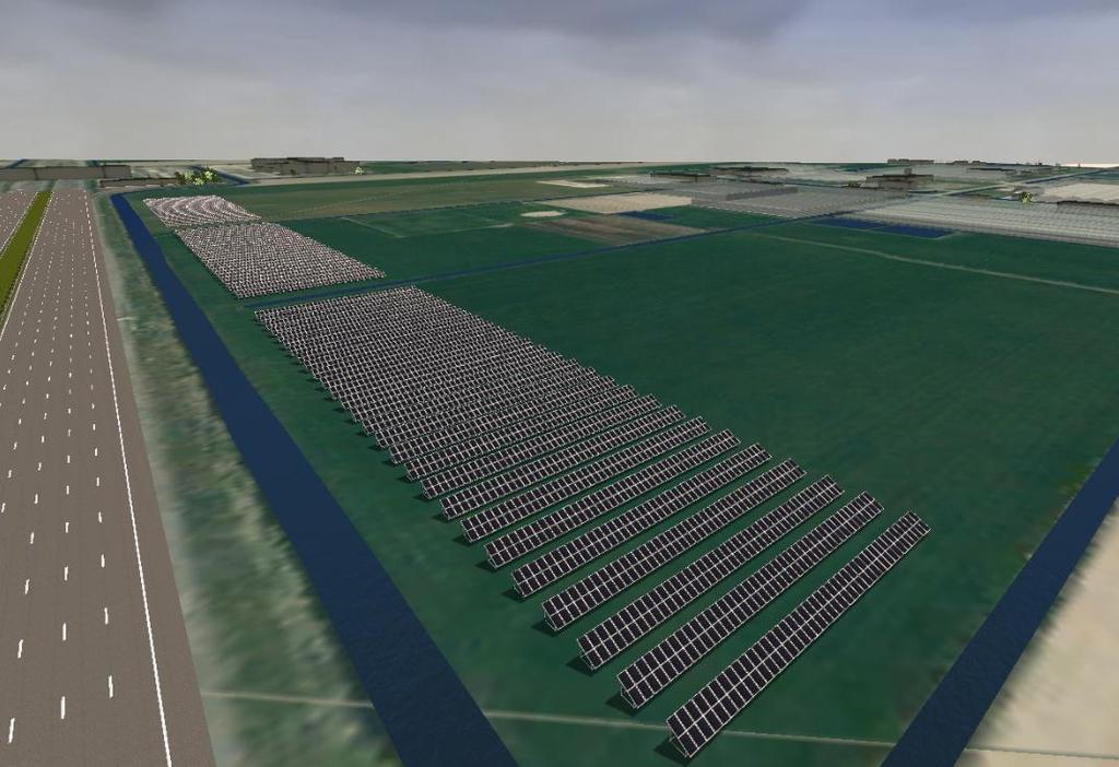 Figuur 4 Visualisatie zonnepark Haarlemmermeer na volledige realisatie Gebruik De gronden waarop de eerste fase van het zonnepark geprojecteerd zijn, heeft een agrarische bestemming en wordt als