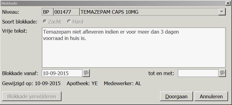 12 5.4. Blokkades Ingevoerde blokkades zijn zowel zichtbaar in Pharmacom als Medicom. Let er dus op dat de informatie niet alleen voor uw eigen praktijk/apotheek zichtbaar is.