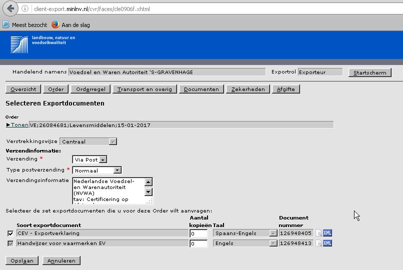 3.4 Client aanvraag Geef in dit scherm informatie m.b.t. - de verzending van het exportdocument - Het soort exportdocument en het gewenste aantal kopieën aangeven.
