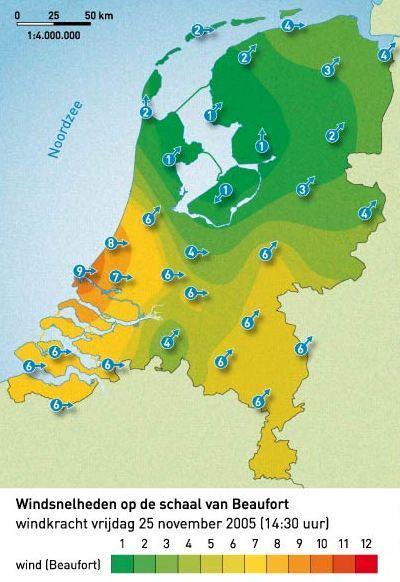 Waar gaat die kaart over? (1) Thema: windsnelheden in Nederland.