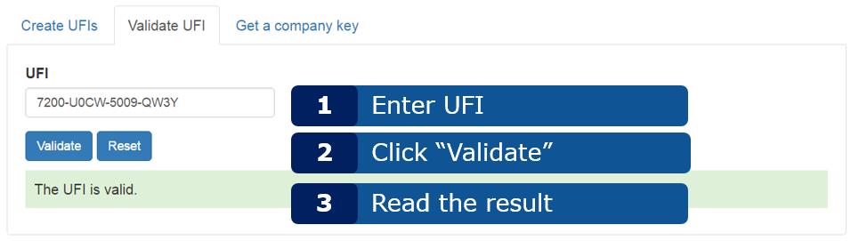 3 Een UFI valideren Voor het valideren van een UFI volgt u de stappen die zijn weergegeven in Figuur 3-1. Figuur 3-1: Een UFI valideren Tips: U kunt de UFI met of zonder koppeltekens invoeren.