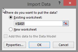 6. Klik op OK in het volgende dialoogvenster, waarin u gevraagd wordt waar de geïmporteerde gegevens moeten worden geplaatst. 7. Excel importeert uw gegevens in twee kolommen.