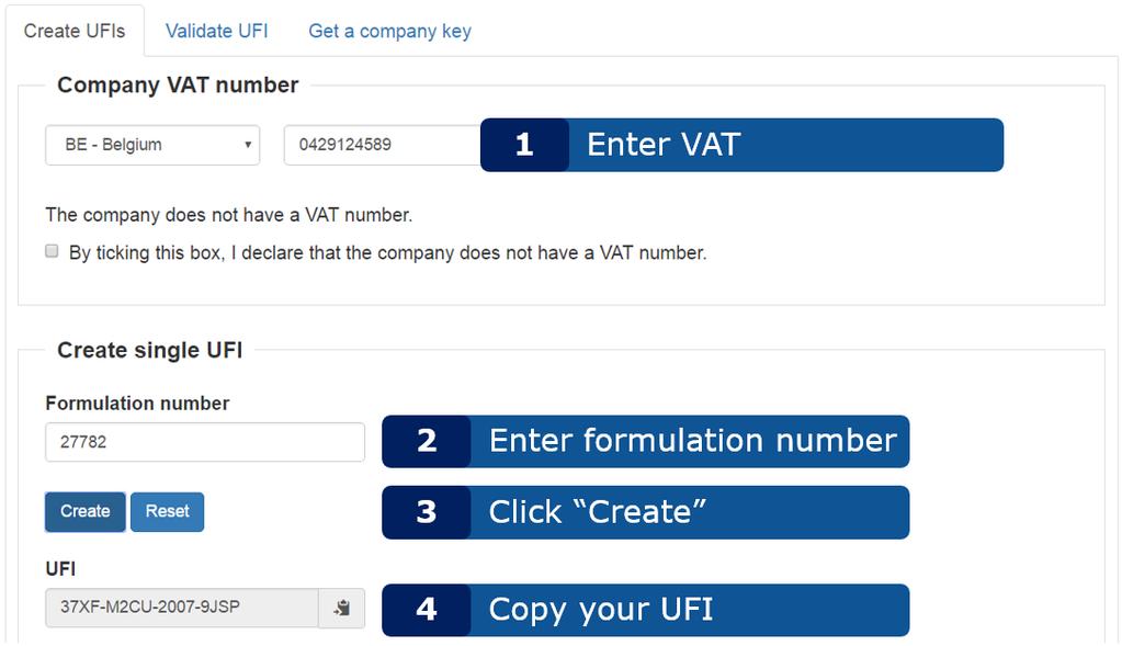2.2 Eén enkele UFI genereren UFI-generator - Gebruikershandleiding Zoals blijkt uit Figuur 2-1, is het genereren van één enkele UFI een eenvoudige taak die uit 4 stappen bestaat.