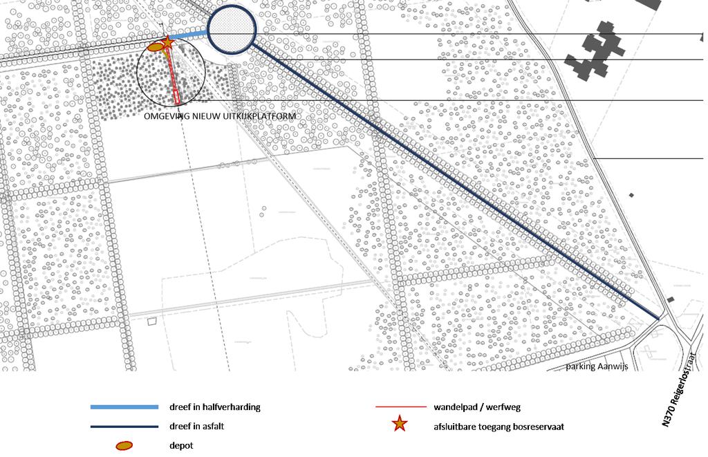 Werfinrichting en transportroute voor het uitkijkplatform Al het vervoer van materiaal en materieel dient via de verharde en de halfverharde dreef vanuit parking Aanwijs te gebeuren.