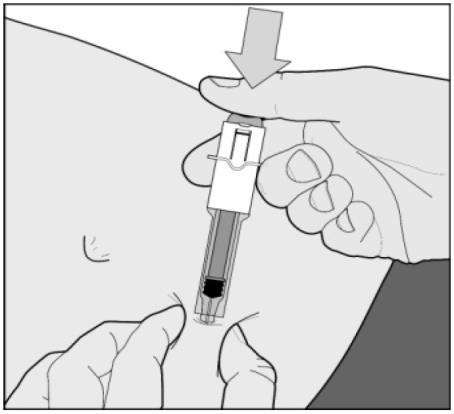 Na de injectie schuift u de veiligheidshuls over de spuit in de richting van de naald totdat u klik hoort.