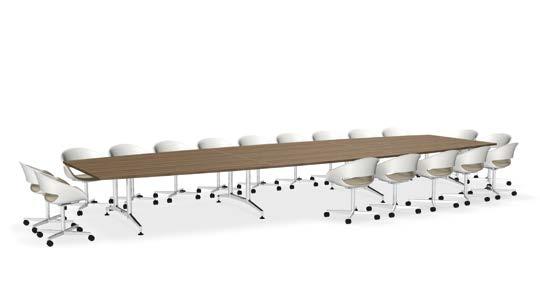 Configuration de tables 630 x 150 / 200 cm avec 22 places assise consistant en 6 segments. Table configuration 560 x 200 / 150 cm, capable of seating 20 persons, consisting of 6 table top segments.
