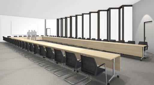Tafelopstelling 1500 x 530 cm met 54 zitplaatsen, bestaand uit 25 tafels 130 x cm en 2 kwartronde tussenbladen cm.