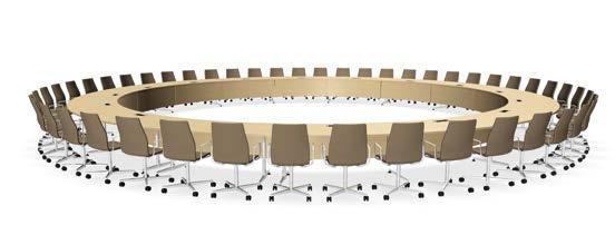 000 cm met 48 zitplaatsen, bestaand uit 16 tafelbladsegmenten met voorschotten en netboxen. Configuration de tables Ø 1.