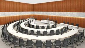 In order to be able to use the Chamber temporarily for other occasions, a highly flexible table configuration in a parliamentary arrangement was required, featuring modern power and data modules in