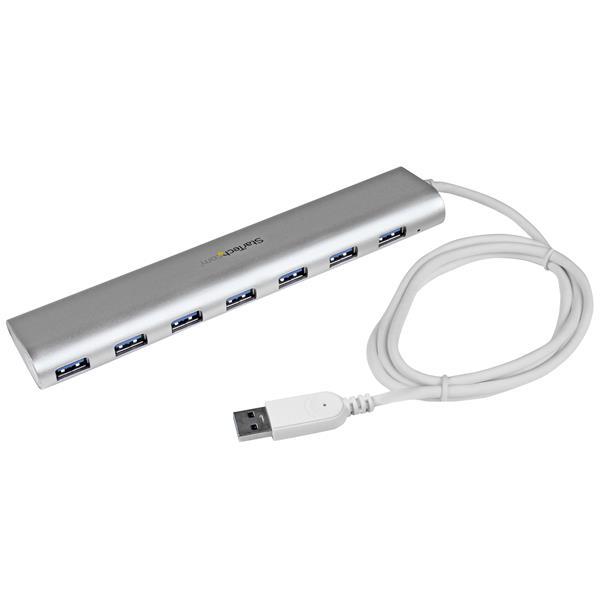 7 Poorts compacte aluminium USB 3.0 hub met geintegreerde kabel - zilver Product ID: ST73007UA Deze compacte, 7-poorts USB 3.0 hub komt overeen met het stijlvolle design van uw MacBook.