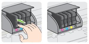 5. Gebruik de kleurcoderingen als leidraad en schuif de inktcartridge in de lege sleuf tot deze stevig vastzit.