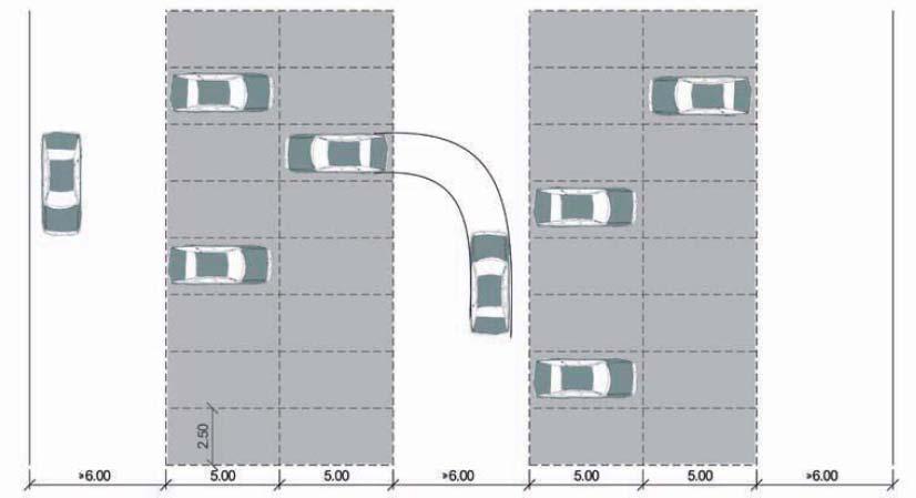 Grafische voorstelling van parkeerplaatsen met de breedte voor in- en uitritten naar de parkeerplaatseni - 6,50m indien de hoek tussen garage/box/standplaats en