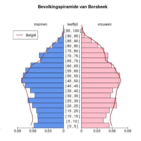 Bevolking Leeftijdspiramide voor Borsbeek Bron : Berekeningen door AD