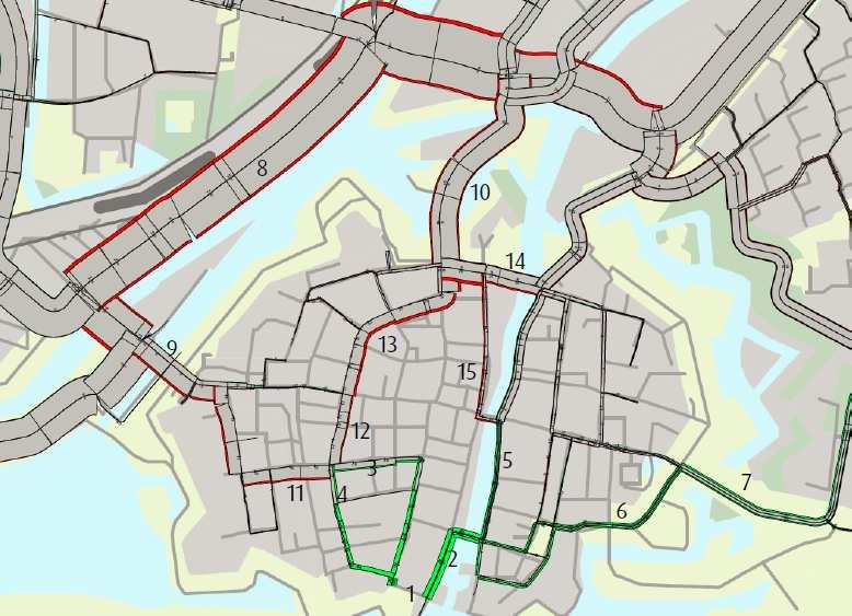 Figuur en tabel B2.1: Berekende toe- en afnames van verkeer bij afsluiting Tolsteeg (verschillen in etmaalintensiteiten straat zonder afsluiting Tolsteeg met afsluiting Tolsteeg verschil 1.