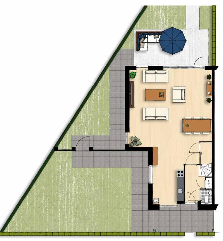 type M4 Verandawoning (hoek) Bouwnummer 201 Basiswoning is voorzien van: Ruime woonkamer aan de tuinzijde 3 ruime slaapkamers Vrij indeelbare zolder met