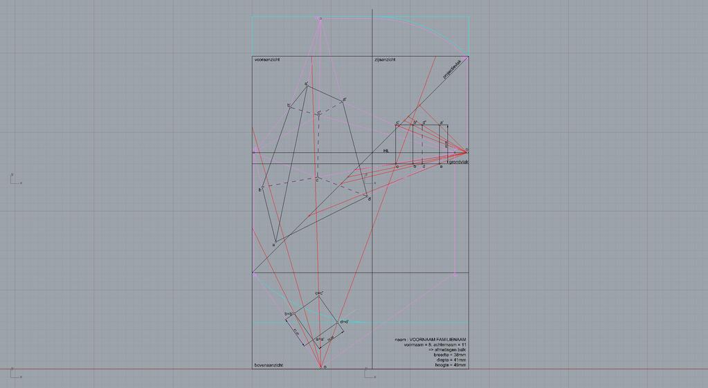 STAP 2 - vooraanzicht (gekanteld projectievlak) - teken twee ophaallijnen vanuit de
