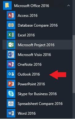 Outlook starten Klik in het submenu van Microsoft Office 2016 op Outlook 2016.