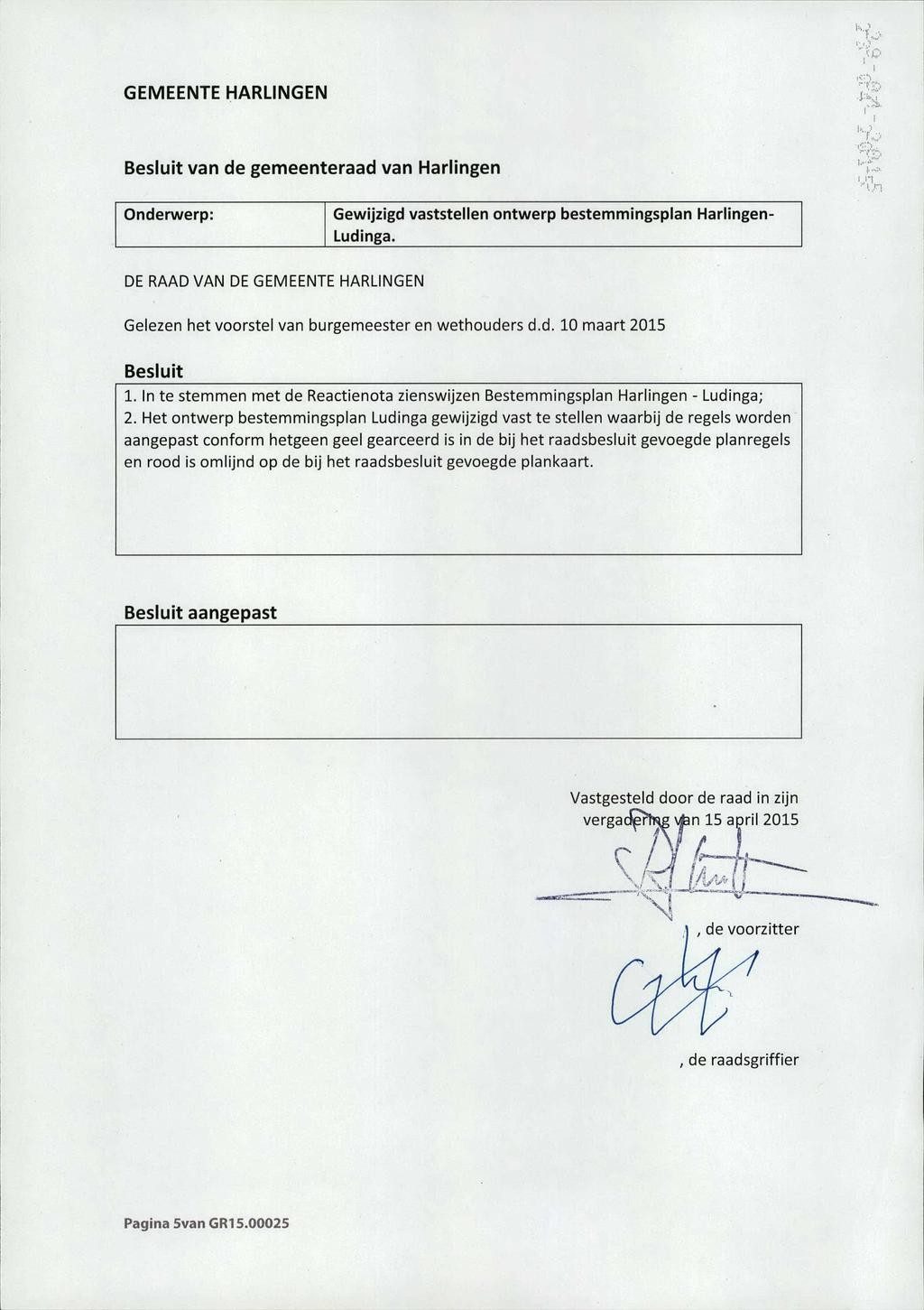 Besluit van de gemeenteraad van Harlingen Onderwerp: Gewijzigd vaststellen ontwerp bestemmingsplan Harlingen- Ludinga.