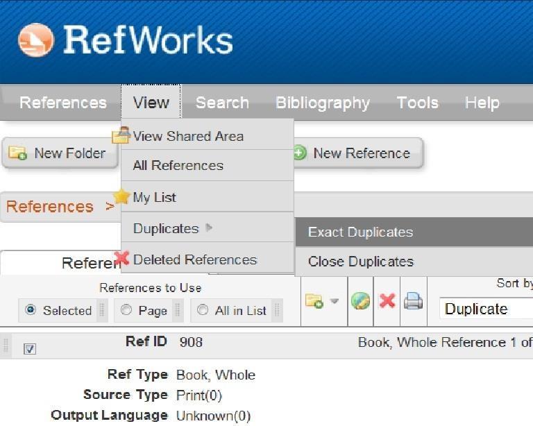 Referenties ontdubbelen Hiermee kan je dubbele referenties opsporen en verwijderen. Ga naar de tab View, kies voor Duplicates en vervolgens voor Exact duplicates.