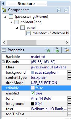 " en verander de variabele naam van het JTextPane in "maintext".