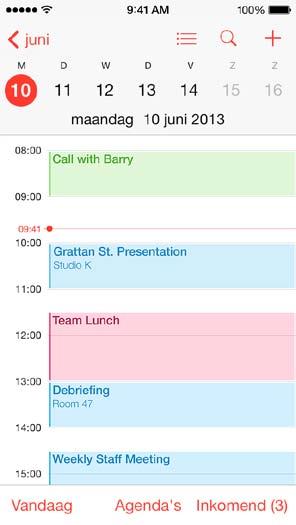 Een weekagenda bekijken: Draai de ipod touch een kwartslag. De weergave wijzigen: Tik op een jaar, maand of dag om in of uit te zoomen in uw agenda.