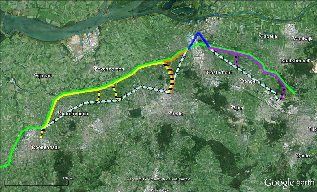 Het betreft de lijnen: - Roosendaal-Breda, met aftakkingen naar Etten-Leur en Breda Princeville (geel) - Geertruidenberg-Breda (de nieuwe lijnstukken in oranje, de bestaande lijn blauw) -