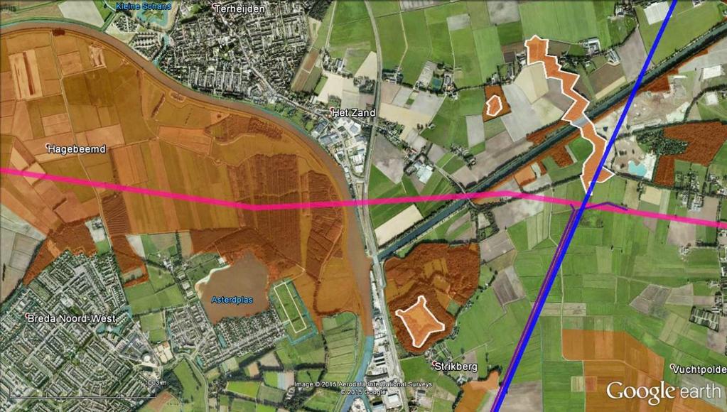 3.3 Regio Terheijden. Tracé A59 Midden loopt tussen Wagenberg en Terheijden door. Ter hoogte van de afrit komen er vanuit Breda twee ondergrondse 150kV-verbindingen aan (donkerblauw).