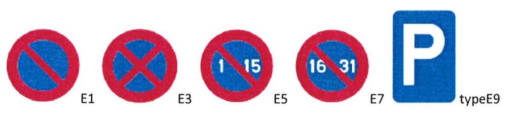 1.16. Verkeersborden El,E3, ES, E7 en van type E9 betreffende het stilstaan en het parkeren niet in acht nemen. 1.17.