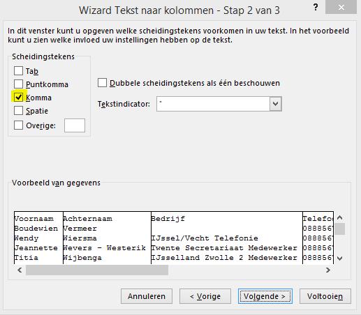 Klik nu op Volgende en selecteer nu het scheidingsteken Komma en dan zie je in het voorbeeld al dat er nu kolommen ontstaan.