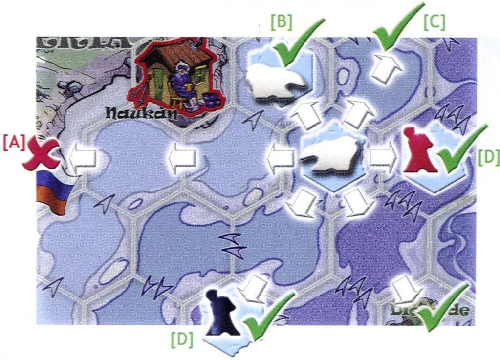 In dit geval moet de speler voor een andere richting kiezen (A).! Op een ijsschots kunnen zich twee ijsberen bevinden.