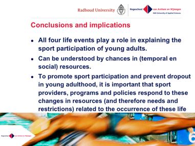 Op basis van onzeanalyses concluderen we dat belangrijke levensgebeurtenissen een grote rol kunnen spelen bijde sportparticipatie van jongvolwassenen.