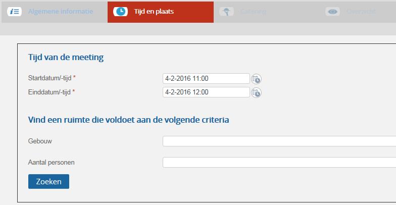 Als u alleen de mogelijkheden in een specifiek gebouw wilt zien, selecteer dit gebouw dan uit de lijst en neem het meteen mee in uw zoekopdracht Na het invullen van startdatum/-tijd verandert de