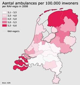 kaart 6.1.1: aantal ambulances per 1.000 inwoners per regio in 2008 standplaatsen Iedere RAV-regio beschikt over een aantal standplaatsen.