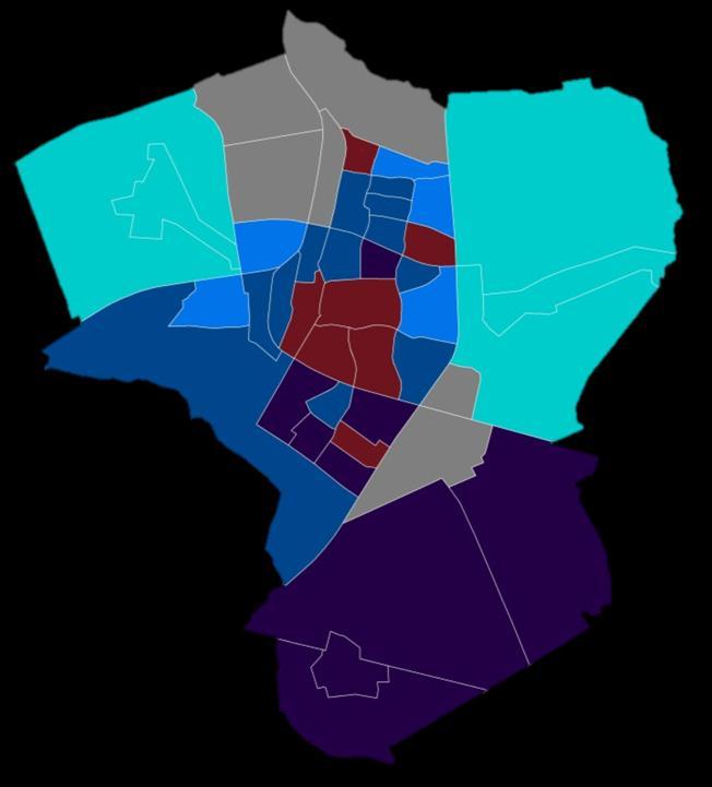 gemiddeld. De laagste percentages zijn over het algemeen te vinden in de kerkdorpen en de wijk Vrachelen.